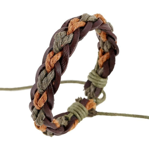 *B955 Brown & Green Braided Rope and Leather Bracelet - Iris Fashion Jewelry