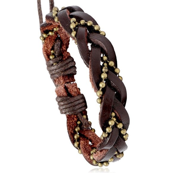 B1083 Brown Leather Braided Gold Bead Bracelet - Iris Fashion Jewelry