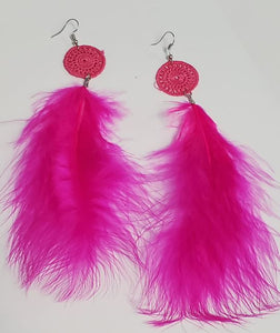 *E383 Hot Pink Large 4" Feather Earrings - Iris Fashion Jewelry