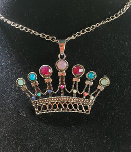 N1608 Silver Gemstone Crown Long Chain Necklace with FREE Earrings - Iris Fashion Jewelry