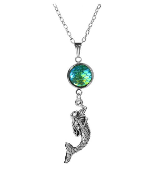 N1722 Silver Iridescent Green Mermaid Fish Scale Necklace With FREE Earrings - Iris Fashion Jewelry