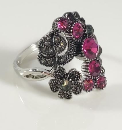 R14 Gun Metal Floral Hot Pink Gemstone Ring - Iris Fashion Jewelry