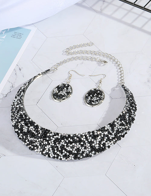 N1792 Silver Black Rhinestone Bib Style Necklace with FREE Earrings - Iris Fashion Jewelry