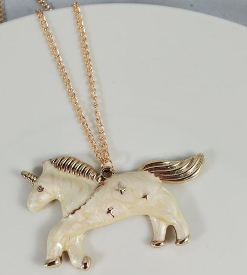 L491 Gold Shimmer Ivory Unicorn Necklace FREE Earrings - Iris Fashion Jewelry