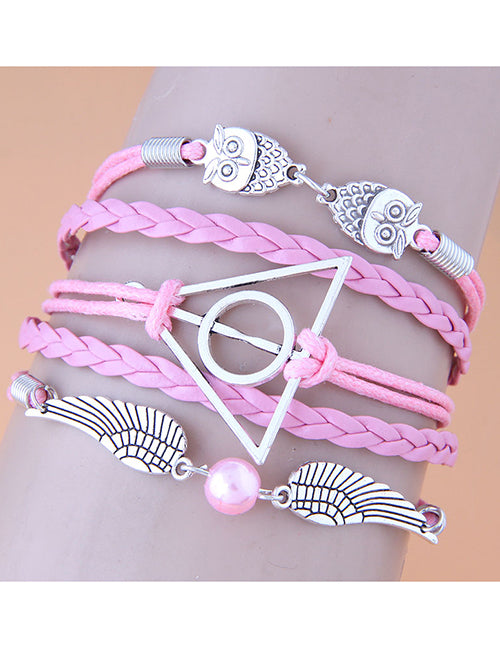 B321 Light Pink Owl Wings Leather Layer Bracelet - Iris Fashion Jewelry