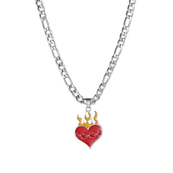 N337 Silver Red Flaming Heart Necklace With Free Earrings - Iris Fashion Jewelry