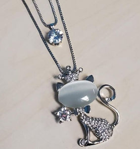 N510 Silver Moonstone Cat with Crown Necklace with FREE Earrings - Iris Fashion Jewelry