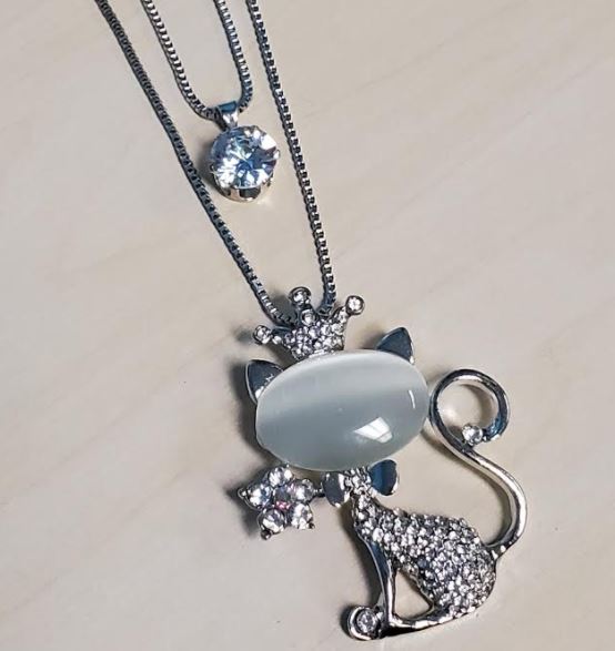 N510 Silver Moonstone Cat with Crown Necklace with FREE Earrings - Iris Fashion Jewelry