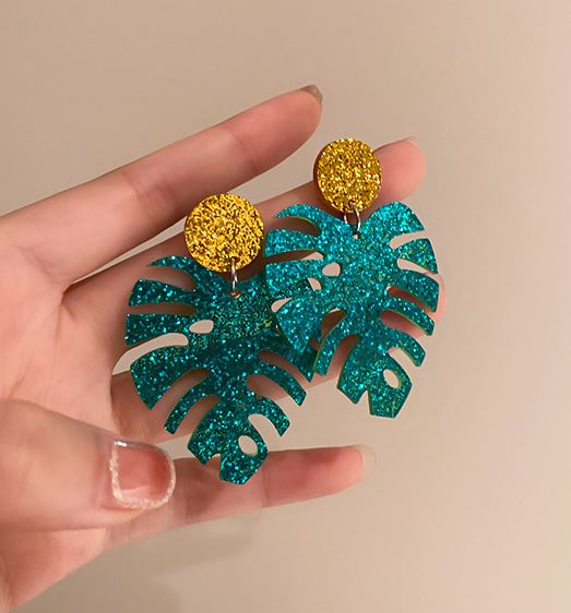 E1613 Acrylic Glitter Palmetto Leaves Earrings - Iris Fashion Jewelry