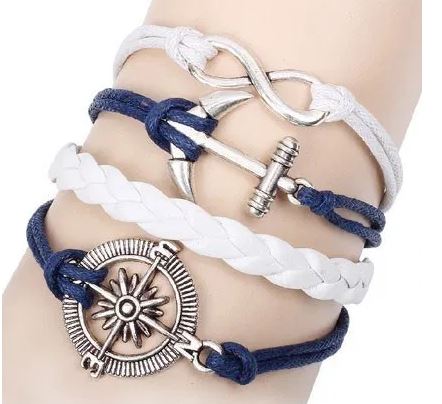 B417 Blue & White Compass Anchor Leather Layered Bracelet - Iris Fashion Jewelry