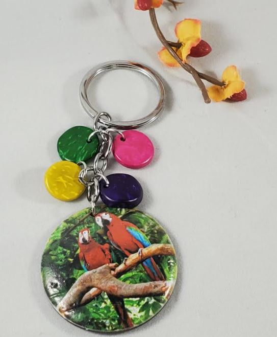 K04 Parrot Coconut Shell Colorful Wooden Disk Keychain - Iris Fashion Jewelry