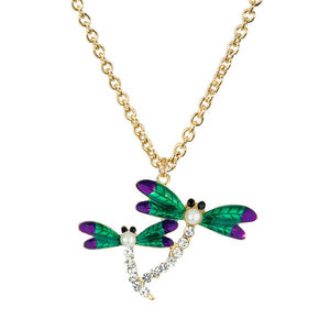 N1469 Gold Purple & Green Double Dragonfly Rhinestones Necklace FREE Earrings - Iris Fashion Jewelry