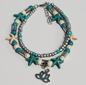B409 Silver & Turquoise Starfish & Lotus Ankle Bracelet - Iris Fashion Jewelry