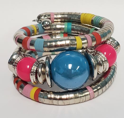 B293 Silver Colorful Pearlized Blue Bead Coil Bracelet - Iris Fashion Jewelry