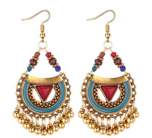 E729 Gold Red Triangle Bead Tassel Earrings - Iris Fashion Jewelry