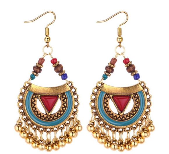 E729 Gold Red Triangle Bead Tassel Earrings - Iris Fashion Jewelry