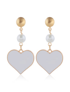 E1399 Gold White Baked Enamel Heart with Pearl Earrings - Iris Fashion Jewelry