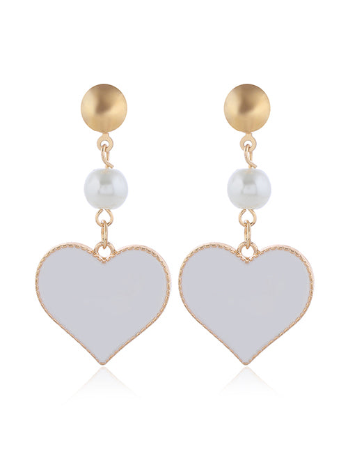 E1399 Gold White Baked Enamel Heart with Pearl Earrings - Iris Fashion Jewelry