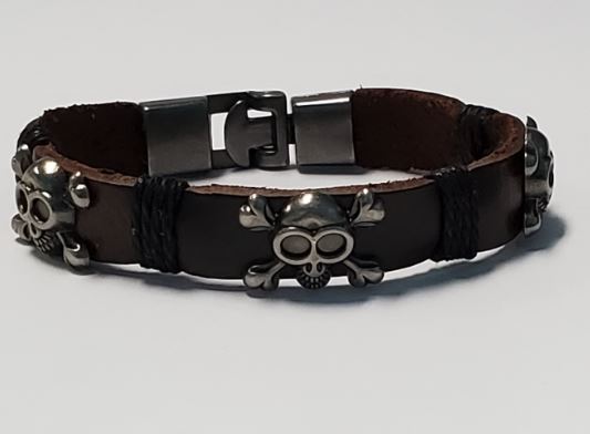 *B581 Multi Skulls Goggles Brown Leather Black Cord Bracelet - Iris Fashion Jewelry