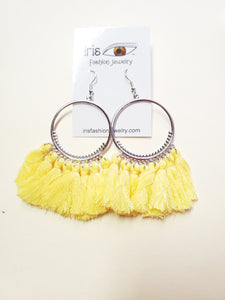 *E273 Silver Hoop Light Yellow Multi Tassel Earrings - Iris Fashion Jewelry