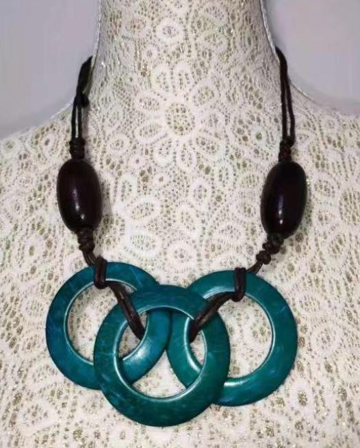 N1818 Brown Turquoise Triple Ring Wooden Necklace with FREE Earrings - Iris Fashion Jewelry