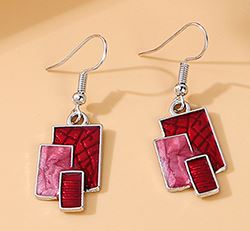 E938 Silver Red & Pink Baked Enamel Geometric Earrings - Iris Fashion Jewelry