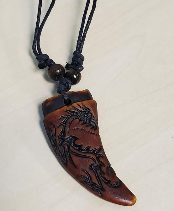 N462 Dragon Design on Tooth on Leather Cord Necklace - Iris Fashion Jewelry