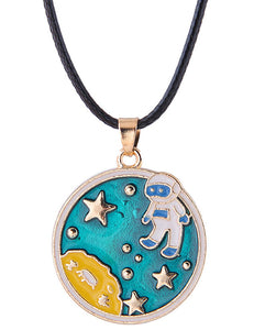 L351 Planet & Astronaut on Leather Cord Necklace - Iris Fashion Jewelry