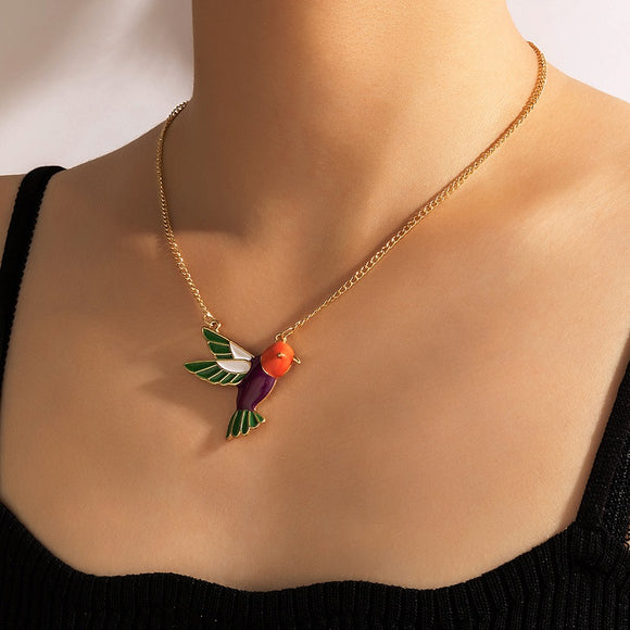 N396 Gold Baked Enamel Hummingbird Necklace With Free Earrings - Iris Fashion Jewelry