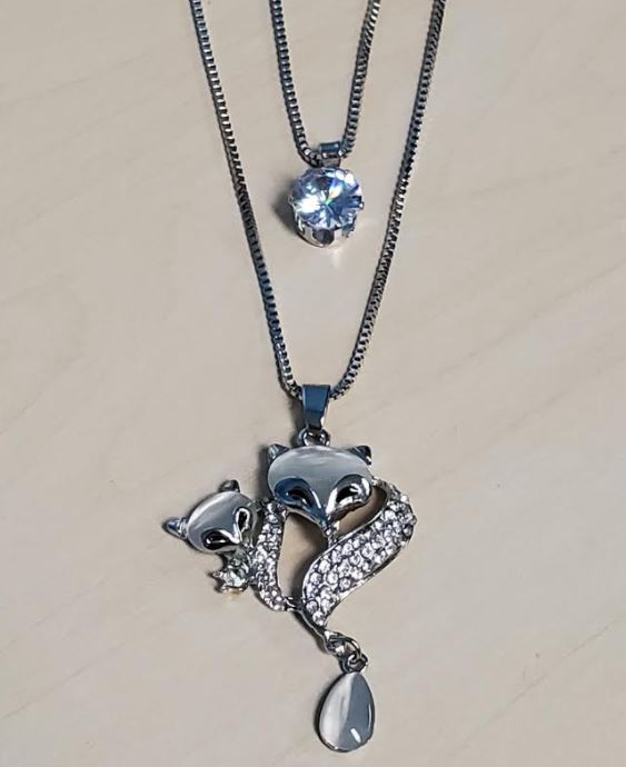 N2228 Silver Moonstone & Rhinestone Mommy and Baby Fox Necklace with FREE Earrings - Iris Fashion Jewelry
