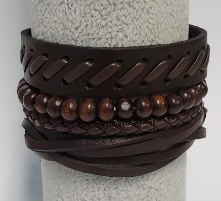 *B932 Brown Leather Wood Bead Bracelet Set - Iris Fashion Jewelry
