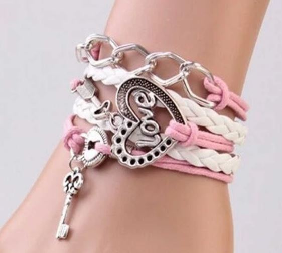 B1058 Pink & White Love Lock & Key Leather Layered Bracelet - Iris Fashion Jewelry