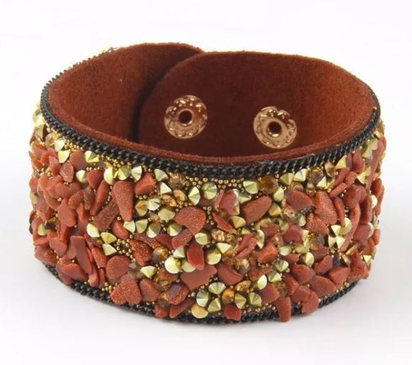 B510 Brown Glitter Leather Crystal Stone Snap Bracelet - Iris Fashion Jewelry