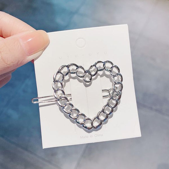 H677 Silver Chain Link Heart Hair Clip - Iris Fashion Jewelry