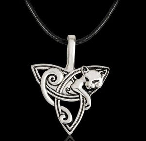 N1824 Silver Triquetra with Cat Leather Cord Necklace - Iris Fashion Jewelry