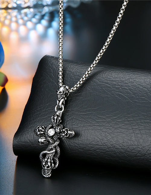 N299 Silver Cross with Skulls and Snakes Necklace - Iris Fashion Jewelry