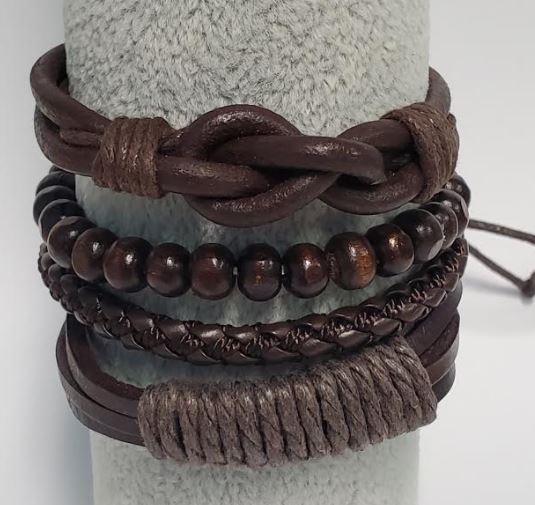 *B488 Brown Leather Wooden Bead Bracelet Set - Iris Fashion Jewelry