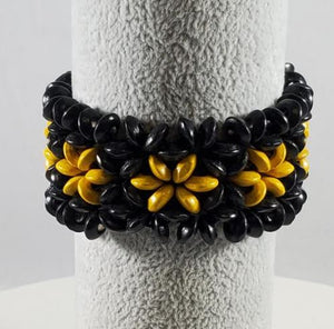 B428 Black & Yellow Wooden Flower Shape Bead Bracelet - Iris Fashion Jewelry
