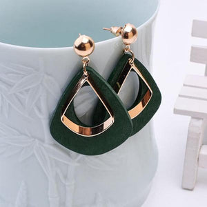 E171 Gold & Green Wood Dangle Earrings - Iris Fashion Jewelry