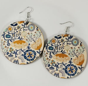 E930 Large Round Wooden Blue & Yellow Floral Earrings - Iris Fashion Jewelry