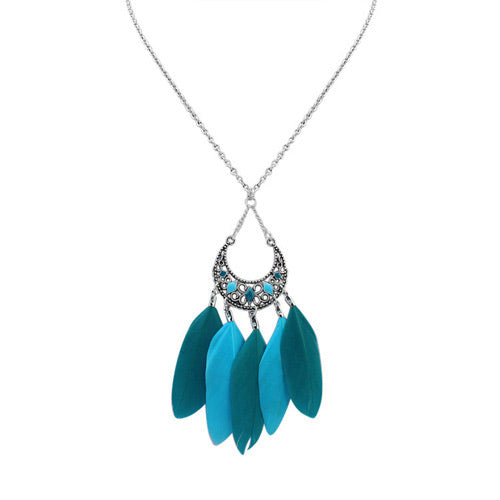 N909 Silver Turquoise Feather Tassel Necklace with FREE Earrings - Iris Fashion Jewelry