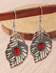 E1794 Silver Textured Leaf Red Blue Bead Earrings - Iris Fashion Jewelry