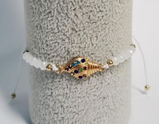 *B696 White Cord Bead Multi Color Rhinestone Conch Shell Bracelet - Iris Fashion Jewelry
