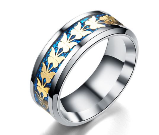 R489 Silver Blue Glitter Gold Butterfly Ring - Iris Fashion Jewelry