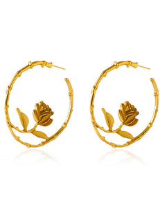 E1598 Gold Textured Hoop with Rose Earrings - Iris Fashion Jewelry