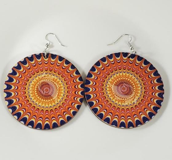 E1488 Large Round Wooden Orange Sunburst Earrings - Iris Fashion Jewelry