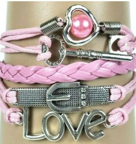 B893 Pink Love Key Leather Layer Bracelet - Iris Fashion Jewelry