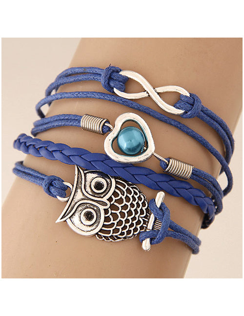 B676 Royal Blue Owl Layered Leather Bracelet - Iris Fashion Jewelry