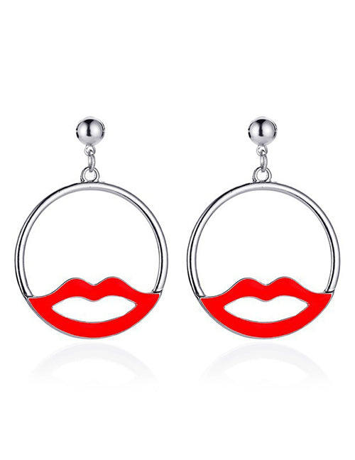 E218 Silver Hoop Red Lips Earrings - Iris Fashion Jewelry