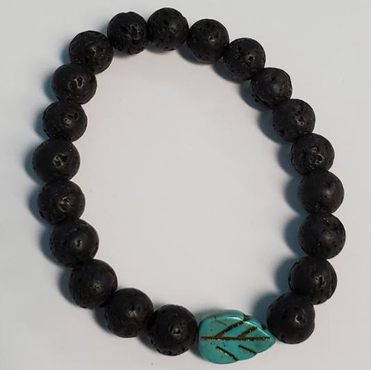 B262 Black Lava Stone Turquoise Leaf Bead Bracelet - Iris Fashion Jewelry